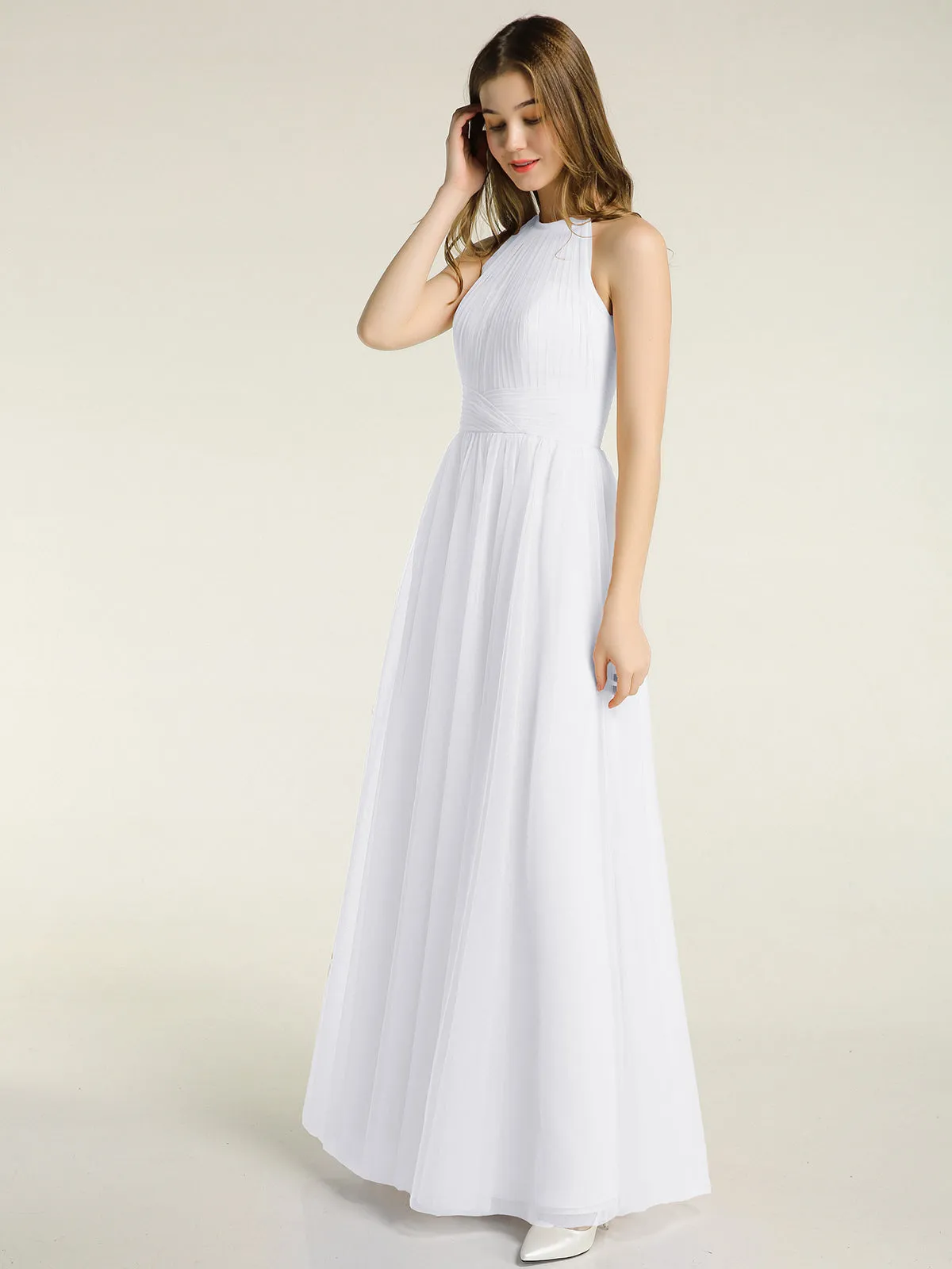 Illusion Neck Corss Waist Tulle Dresses-White