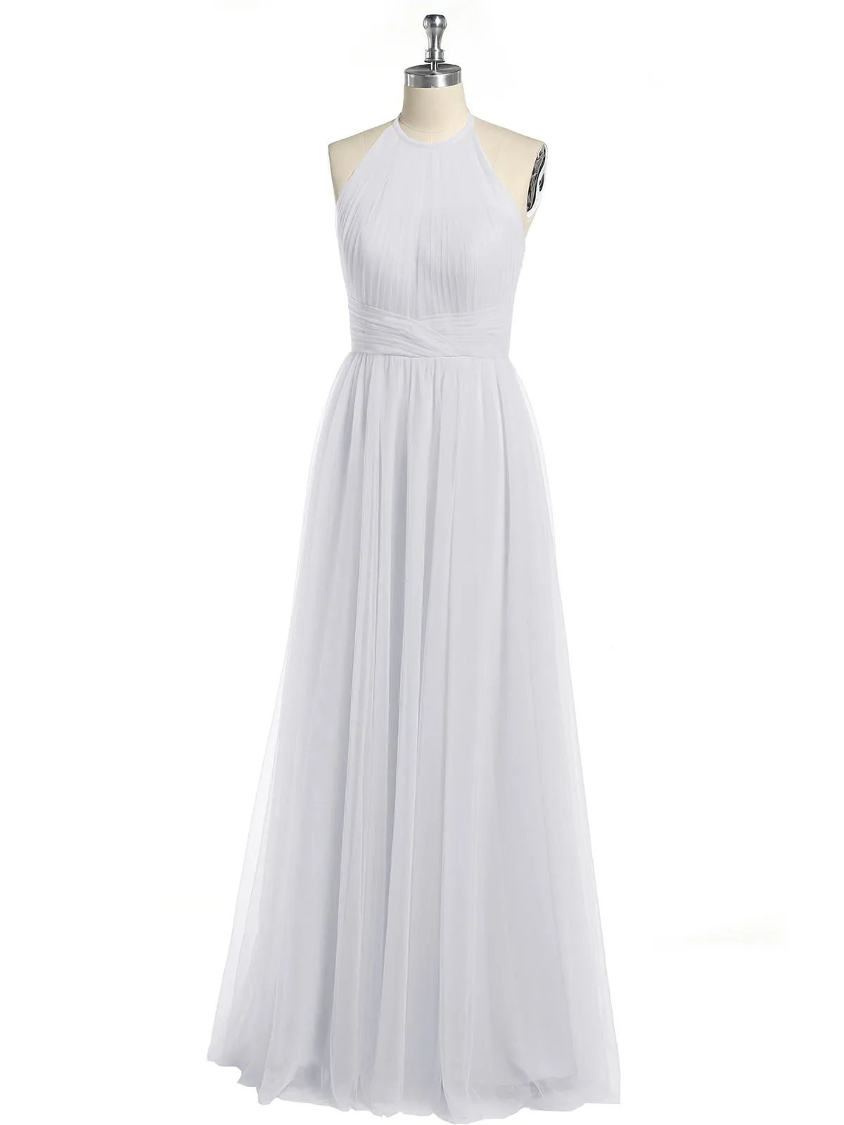 Illusion Neck Corss Waist Tulle Dresses-White
