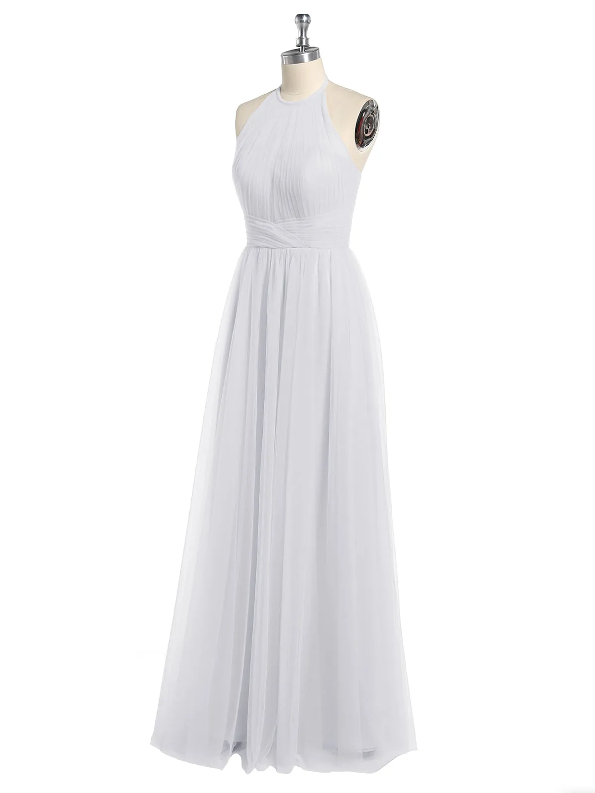 Illusion Neck Corss Waist Tulle Dresses-White
