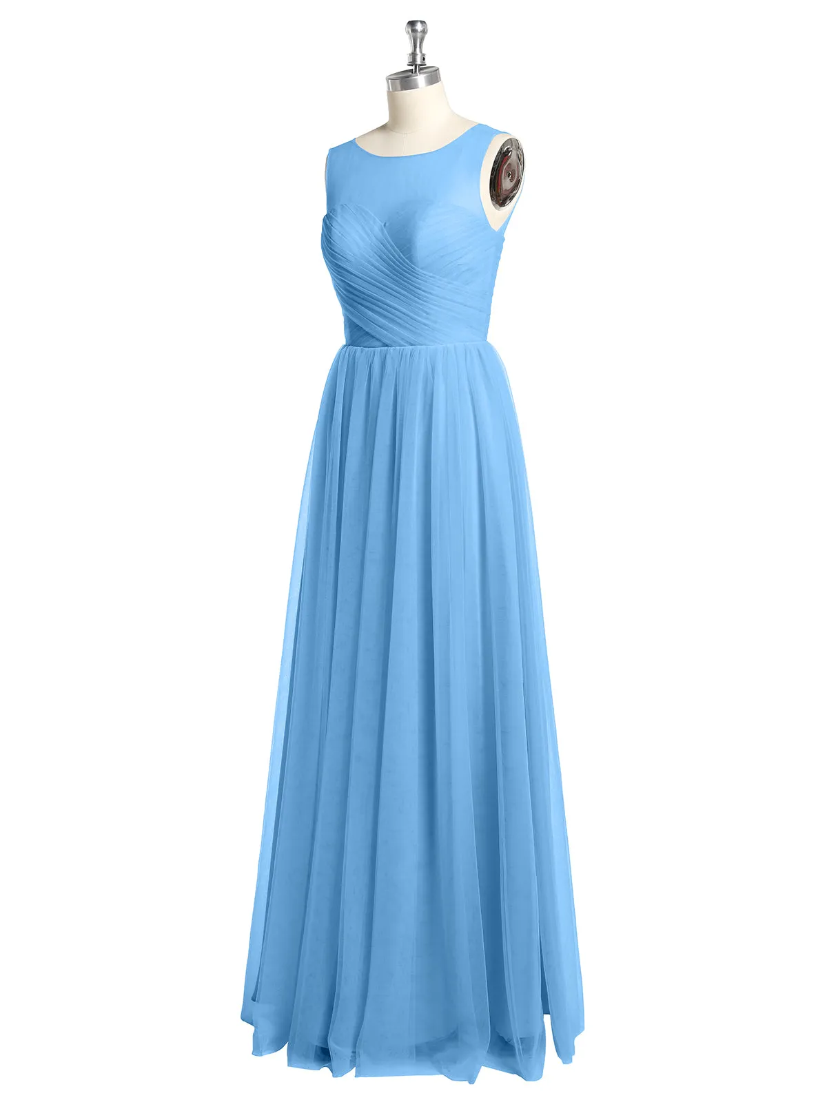 Illusion Neck Cross Tulle Bridesmaid Dresses-Blue