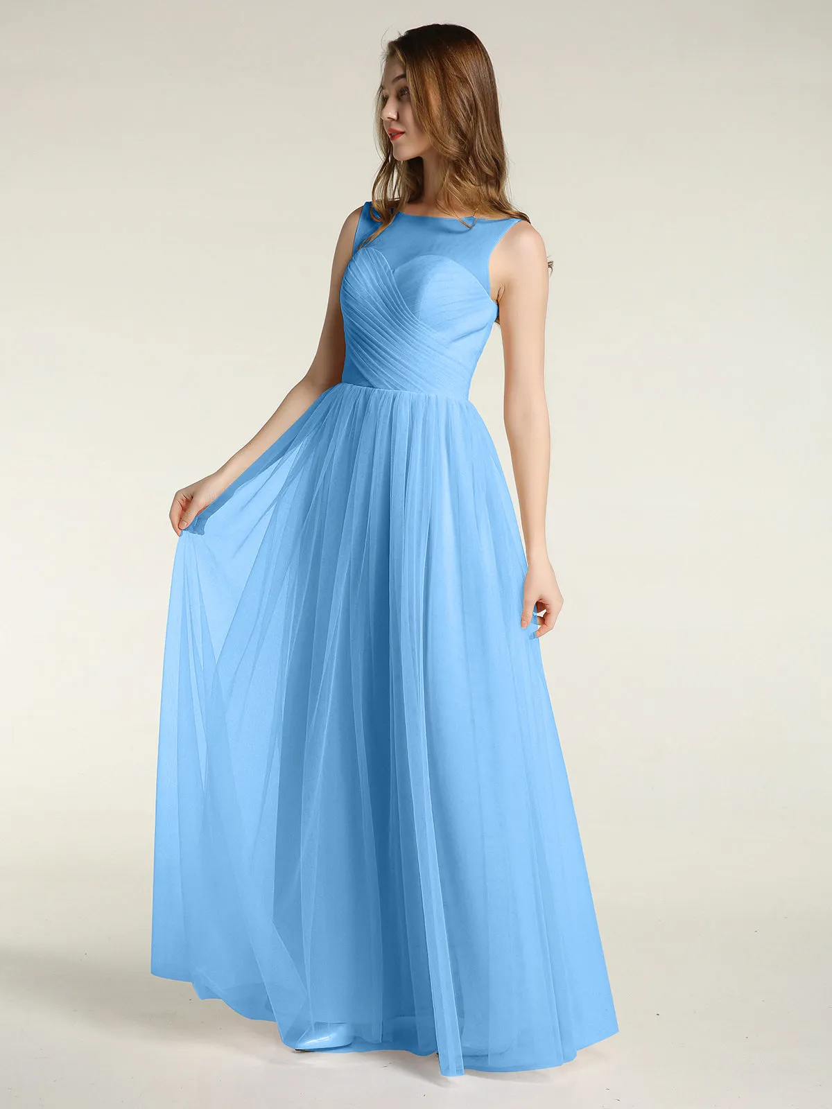 Illusion Neck Cross Tulle Bridesmaid Dresses-Blue