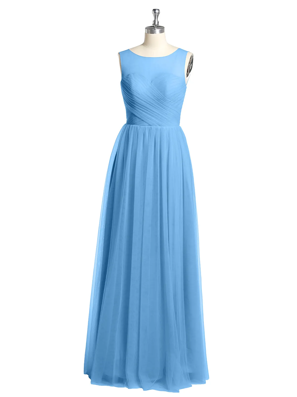 Illusion Neck Cross Tulle Bridesmaid Dresses-Blue