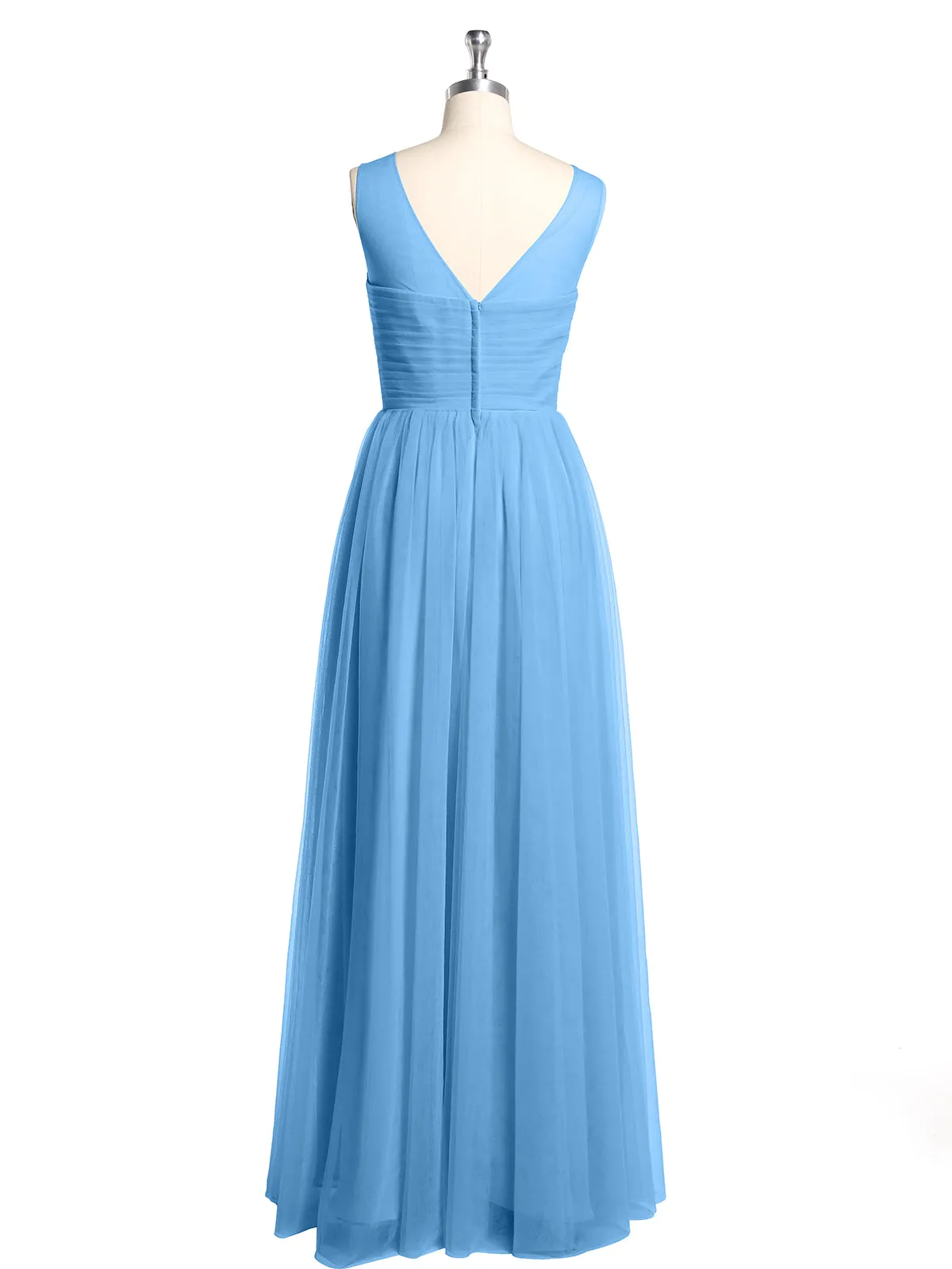 Illusion Neck Cross Tulle Bridesmaid Dresses-Blue