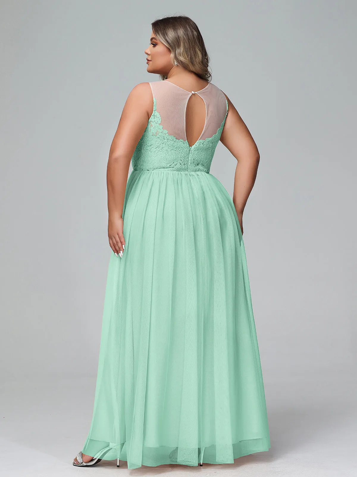 Illusion Neckline Lace and Tulle Maxi Dress-Mint Green Plus Size