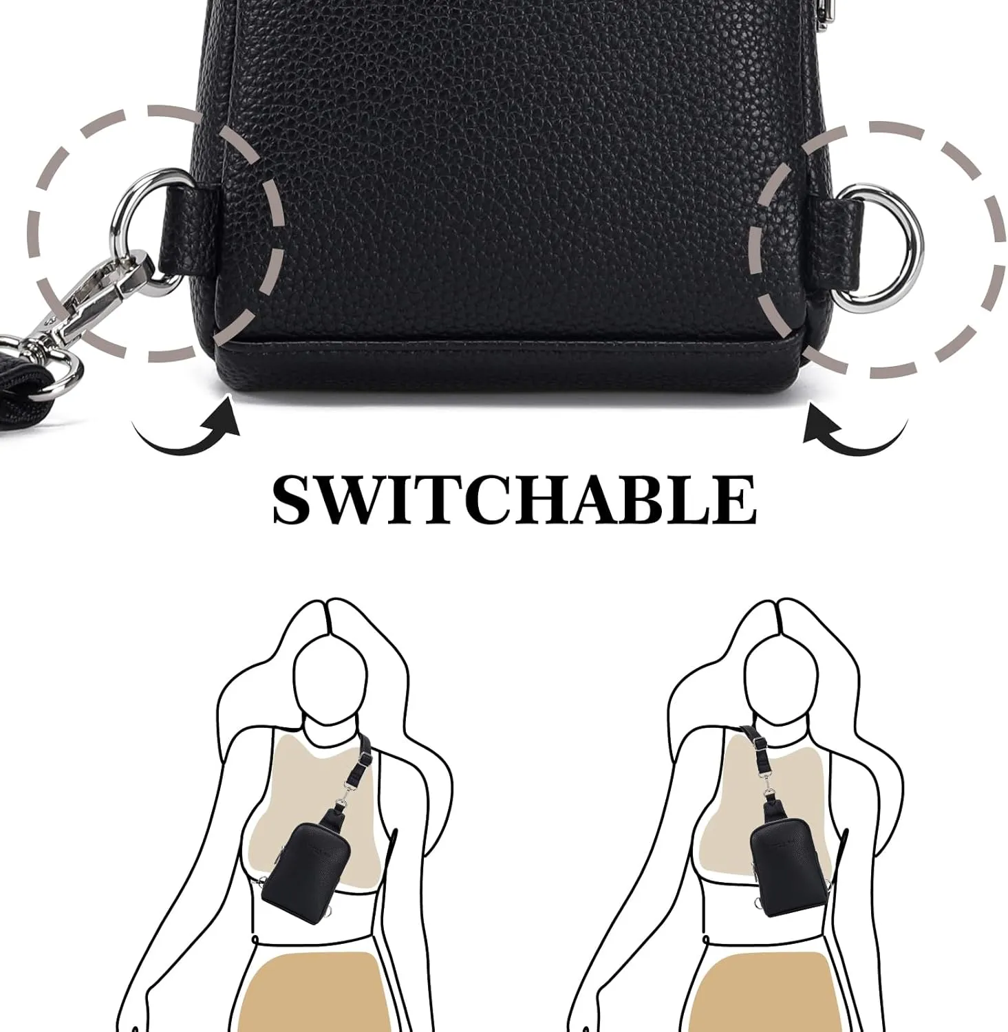 INICAT Sling Bag for Women Small Crossbody Bags Leather Fanny Pack for Travel Essentials(Black LW)