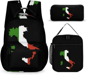 Italy Map Flag Print Backpack Set Travel Laptop Backpack with Lunch Bag and Pencil Bag