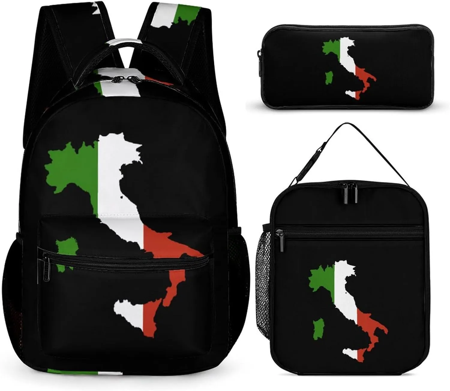 Italy Map Flag Print Backpack Set Travel Laptop Backpack with Lunch Bag and Pencil Bag