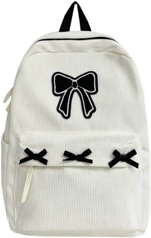 JHTPSLR Coquette Corduroy Backpack Patches Bowknot Balletcore Backpack Cute Aesthetic Backpack Laptop Backpack Daypack (Beige)