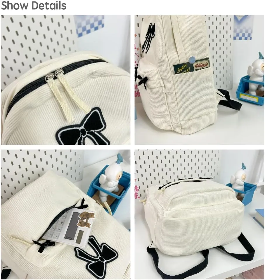 JHTPSLR Coquette Corduroy Backpack Patches Bowknot Balletcore Backpack Cute Aesthetic Backpack Laptop Backpack Daypack (Beige)