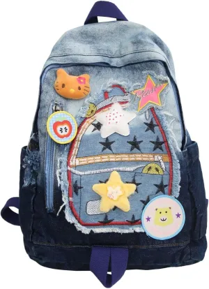 JHTPSLR Y2K Denim Backpack with Plushies and Patches, Cute Preppy Blue Denim Backpack, Size 11.02"L x 5.12"W x 14.56"H, 5L, Female, Multi-Sport, Star Theme, 14" Laptop Compatible