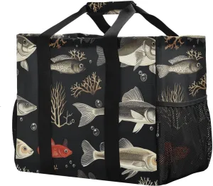 JUNZAN Cod Fishes Black Utility Totes Foldable Beach Bag Sandproof Shopping Bags Reusable Canvas Carry Tote