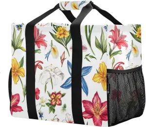 JUNZAN Colored Flowers Utility Totes Foldable Beach Bag Sandproof Grocery Bags Reusable Canvas Laundry Bag Tote