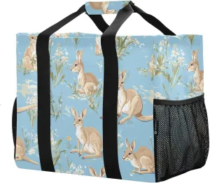 JUNZAN Cute Kangaroo Blue Utility Bags And Totes Foldable Beach Tote With Pockets Reusable Grocery Shopping Bags with Handles Laundry Totes