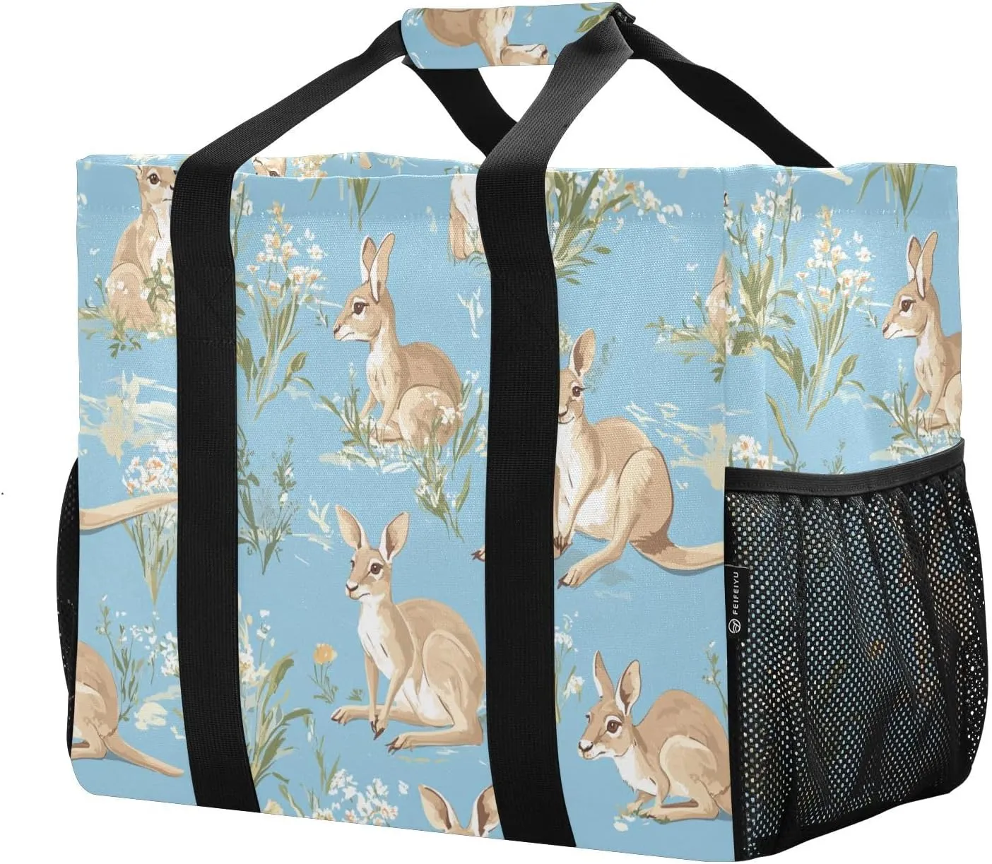 JUNZAN Cute Kangaroo Blue Utility Bags And Totes Foldable Beach Tote With Pockets Reusable Grocery Shopping Bags with Handles Laundry Totes
