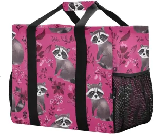 JUNZAN Cute Raccoon Utility Tote Bag For Women Foldable Beach Tote Bag Sandproof Shopping Bags Reusable Canvas Tote For Car