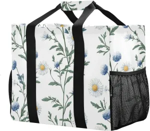 JUNZAN Cute Wild Florals Utility Bags And Totes Foldable Beach Totes Bags With Pockets Grocery Bags Reusable Canvas Laundry Bag Travel