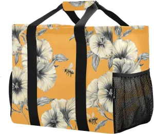 JUNZAN Floral in Orange Utility Tote Bag For Women Foldable Large Beach Bag With Compartments Reusable Grocery Bag Canvas Carrier Bags