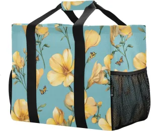 JUNZAN Floral Turquoise Utility Totes Foldable Beach Totes Bags Waterproof Reusable Grocery Shopping Bags Canvas Laundry Bag