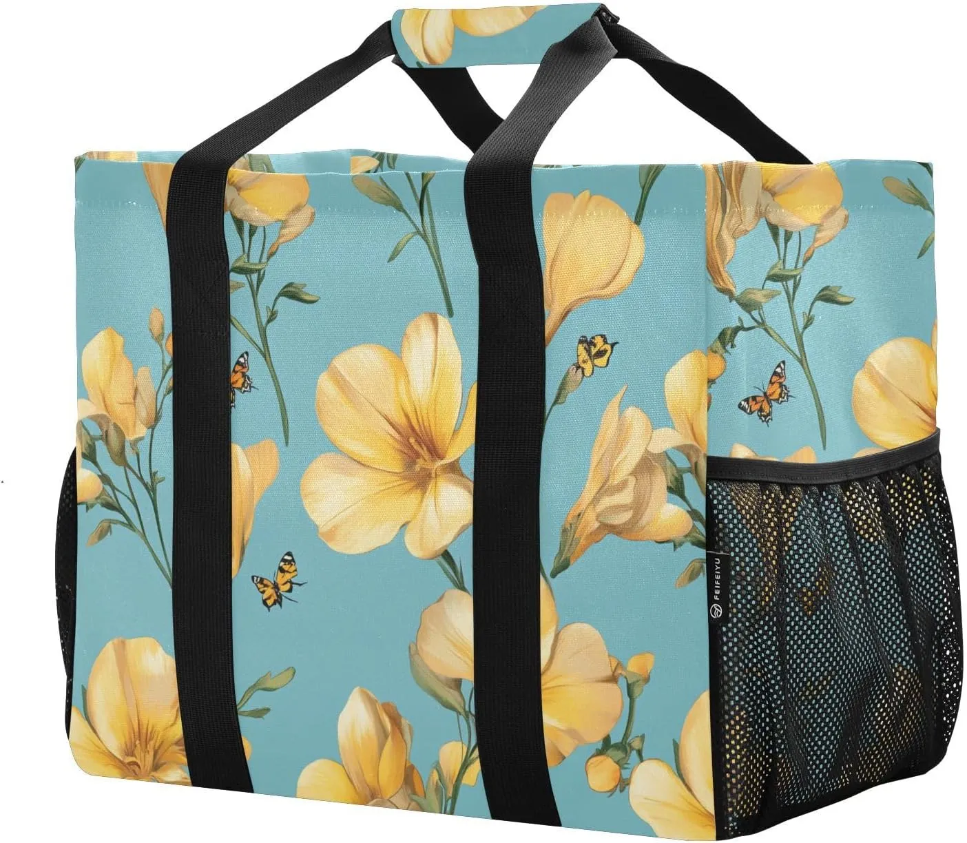 JUNZAN Floral Turquoise Utility Totes Foldable Beach Totes Bags Waterproof Reusable Grocery Shopping Bags Canvas Laundry Bag