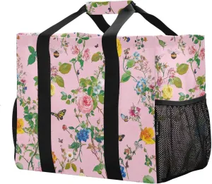 JUNZAN Spring Pink Utility Totes Foldable Beach Totes Bags With Pockets Shopping Bags Reusable with Handles Laundry Tote