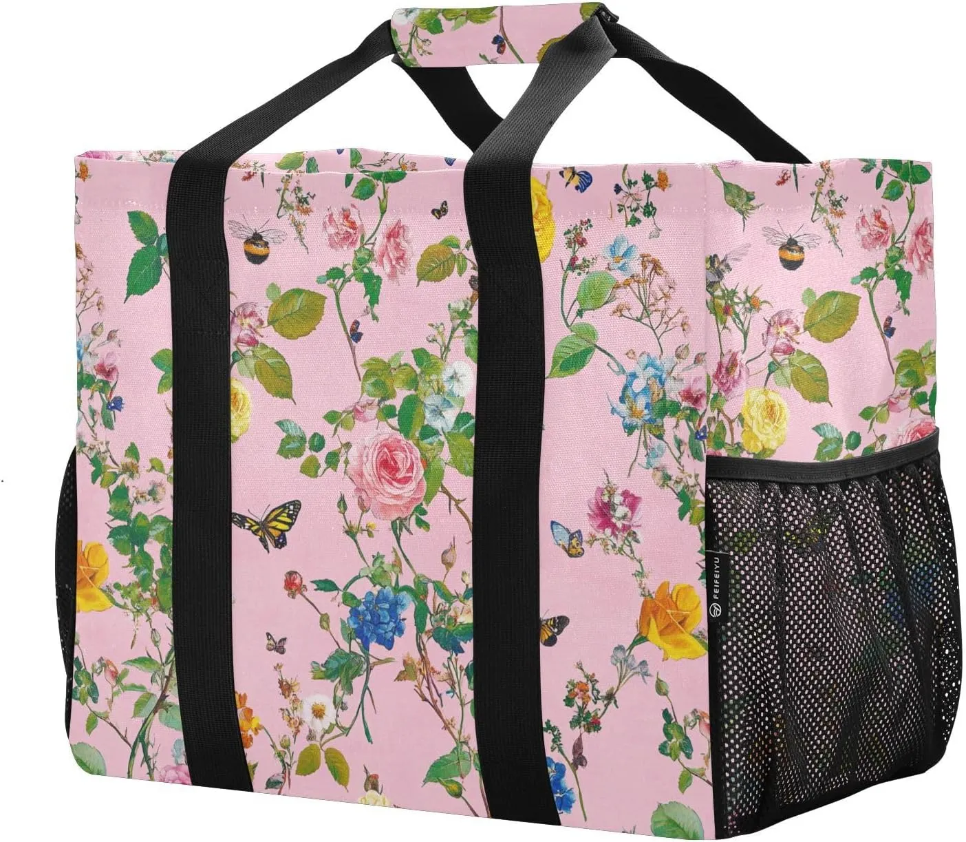 JUNZAN Spring Pink Utility Totes Foldable Beach Totes Bags With Pockets Shopping Bags Reusable with Handles Laundry Tote