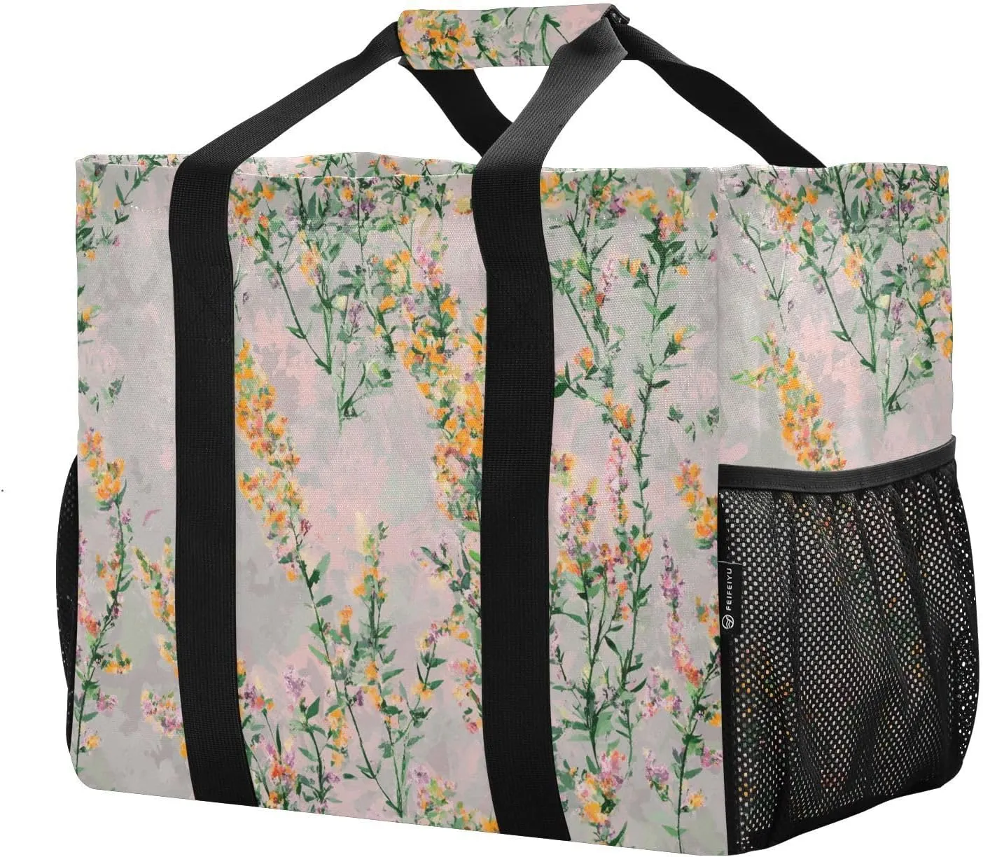 JUNZAN Vintage Flower Grey Utility Totes Foldable Beach Tote Waterproof Reusable Shopping Bags with Handles Laundry Totes