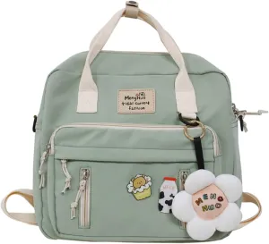 Kawaii Canvas School Backpack with Pendant, Laptop Shoulders Bag, Back to School Off to College Supplies (Green)