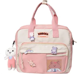 Kawaii Canvas School Backpack with Pendant, Laptop Shoulders Bag, Back to School Off to College Supplies (Pink)