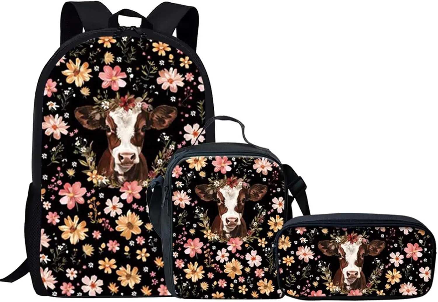 KEIAHUAN Flower Cow Children School Backpack Primary School Bags Large Capacity Primary School Bags with Insulated Cooler Lunch Box Pencil Case for Girls