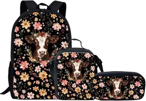 KEIAHUAN Flower Cow Children School Backpack Primary School Bags Large Capacity Primary School Bags with Insulated Cooler Lunch Box Pencil Case for Girls