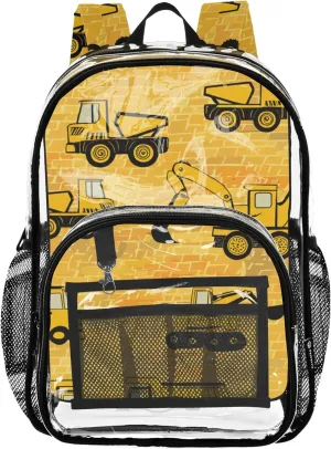 Kids Backpack Boys Girls Yellow Construction Vehicles Trucks Clear Backpack Women Cute Large Plastic Approved Bag