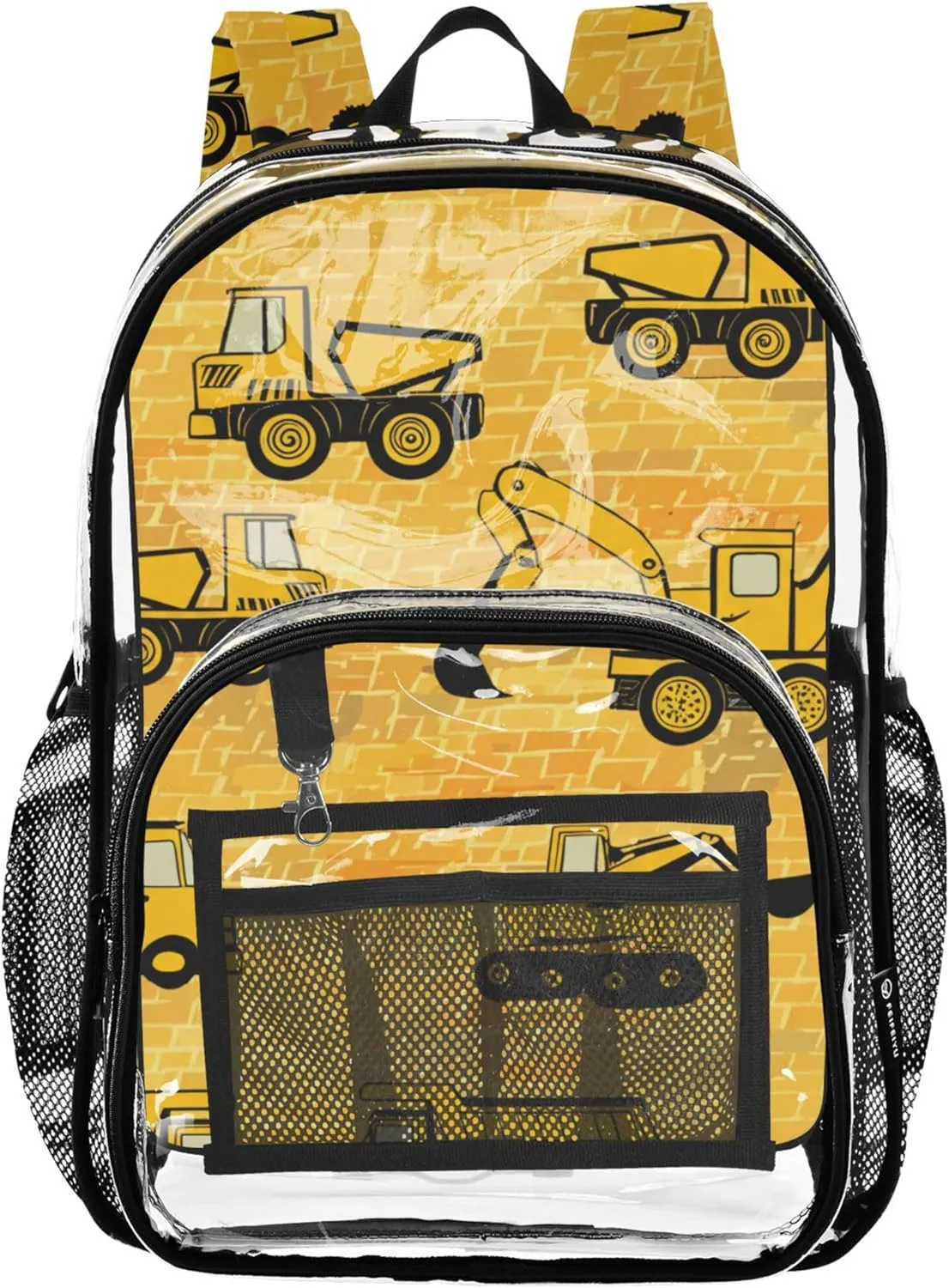 Kids Backpack Boys Girls Yellow Construction Vehicles Trucks Clear Backpack Women Cute Large Plastic Approved Bag