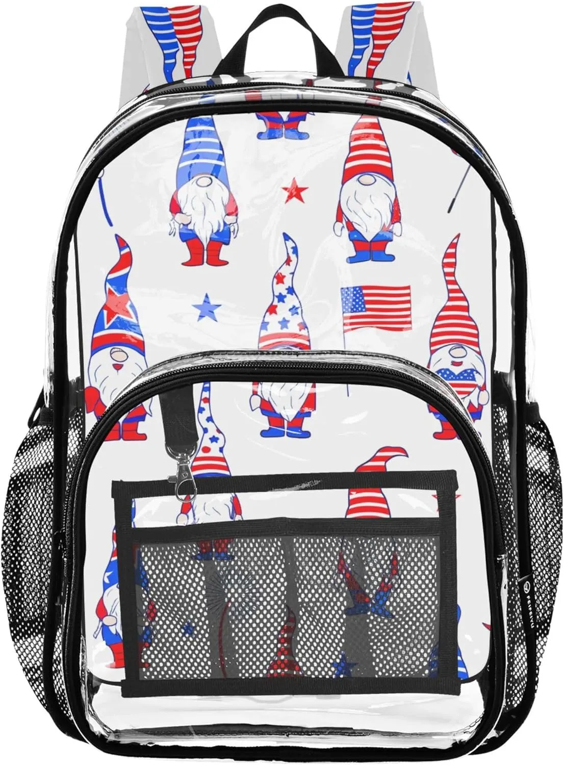Kids Backpack for Girls Cartoon Gnomes American Flag Travel Clear Bags for Women Large Plastic Approved Bag
