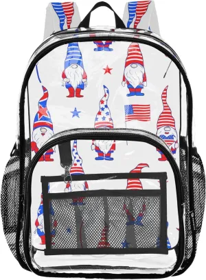 Kids Backpack for Girls Cartoon Gnomes American Flag Travel Clear Bags for Women Large Plastic Approved Bag