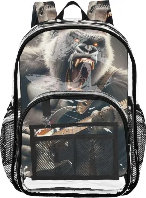 Kids Girls Backpack Boys Funny Gorilla Guitarist Clear Backpack for Women Plastic School Clear Bookbag