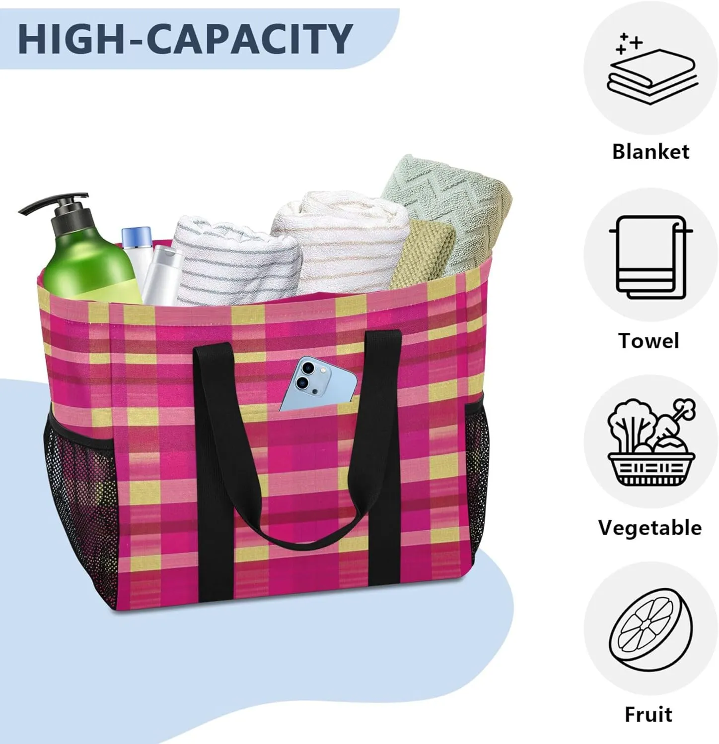 KLL Beach Totes Bags Canvas Collapsable With Pockets Grocery Bags Reusable