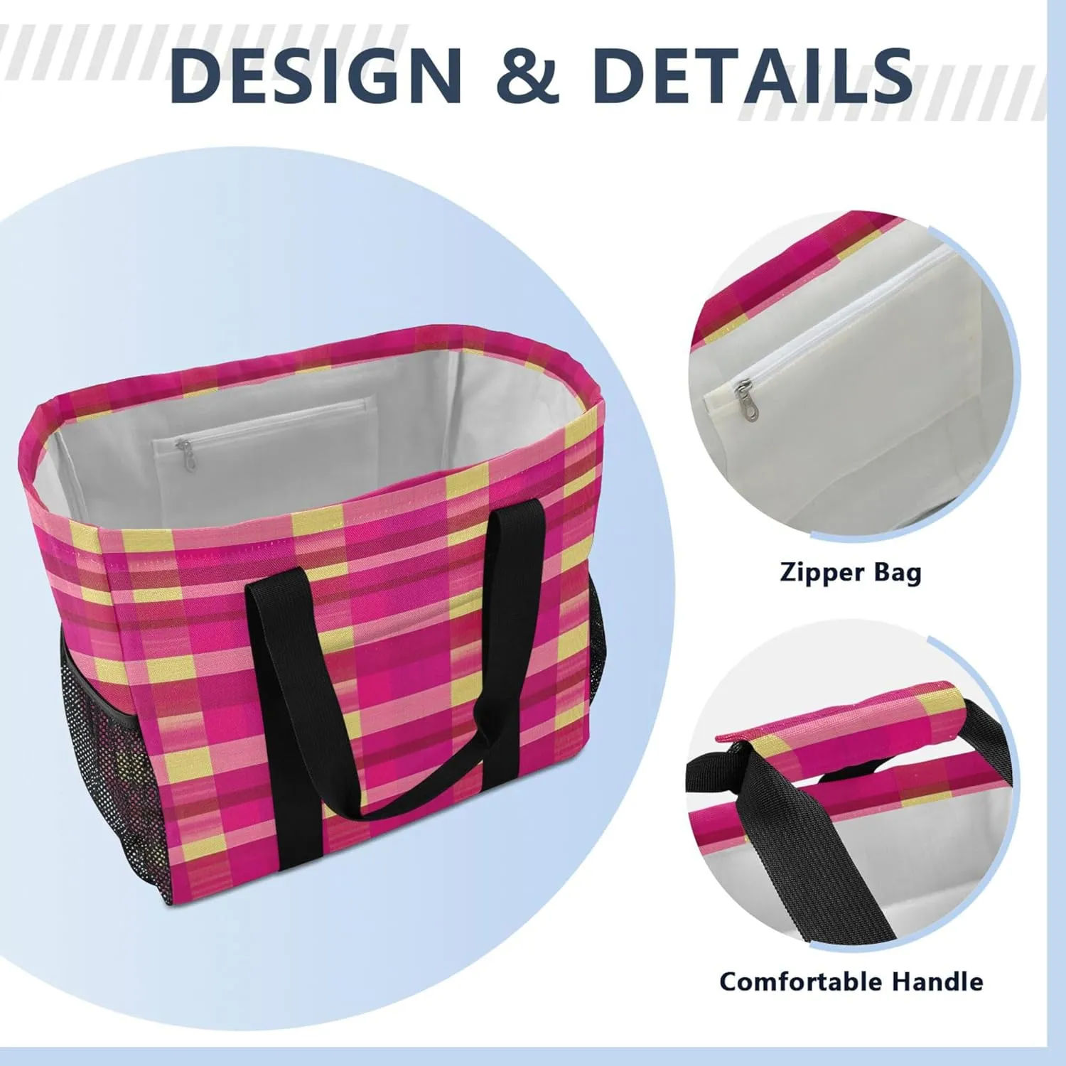 KLL Beach Totes Bags Canvas Collapsable With Pockets Grocery Bags Reusable