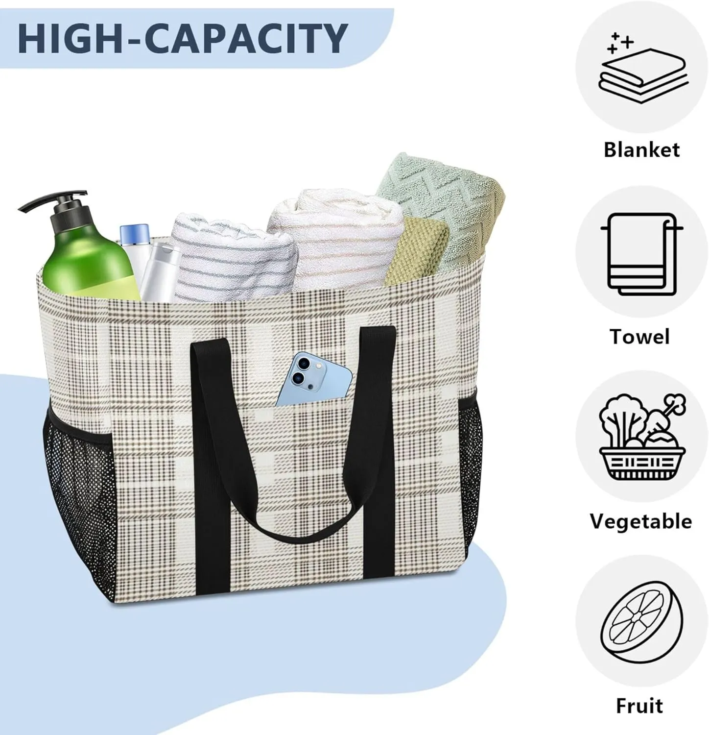 KLL Beach Totes Bags Canvas Collapsable With Pockets Grocery Bags Reusable