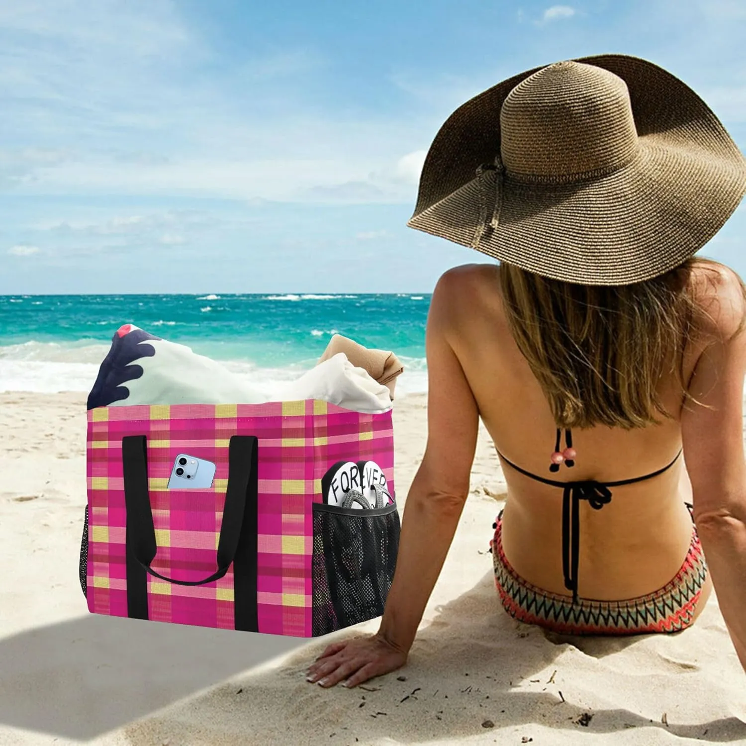 KLL Beach Totes Bags Canvas Collapsable With Pockets Grocery Bags Reusable