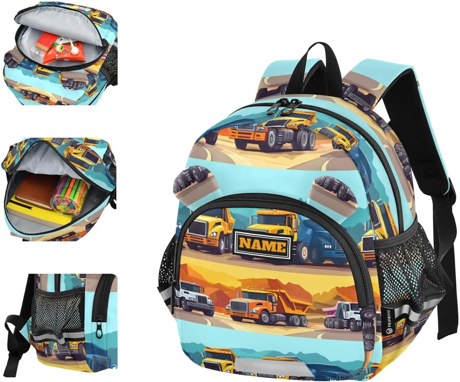 KLL Custom Cute Ears Cute Small Backpacks Leash Cool Girls Anti-Lost Personalized Book Bag For School with Reflective Strip M Construction Truck Cartoon Dump Truck Road