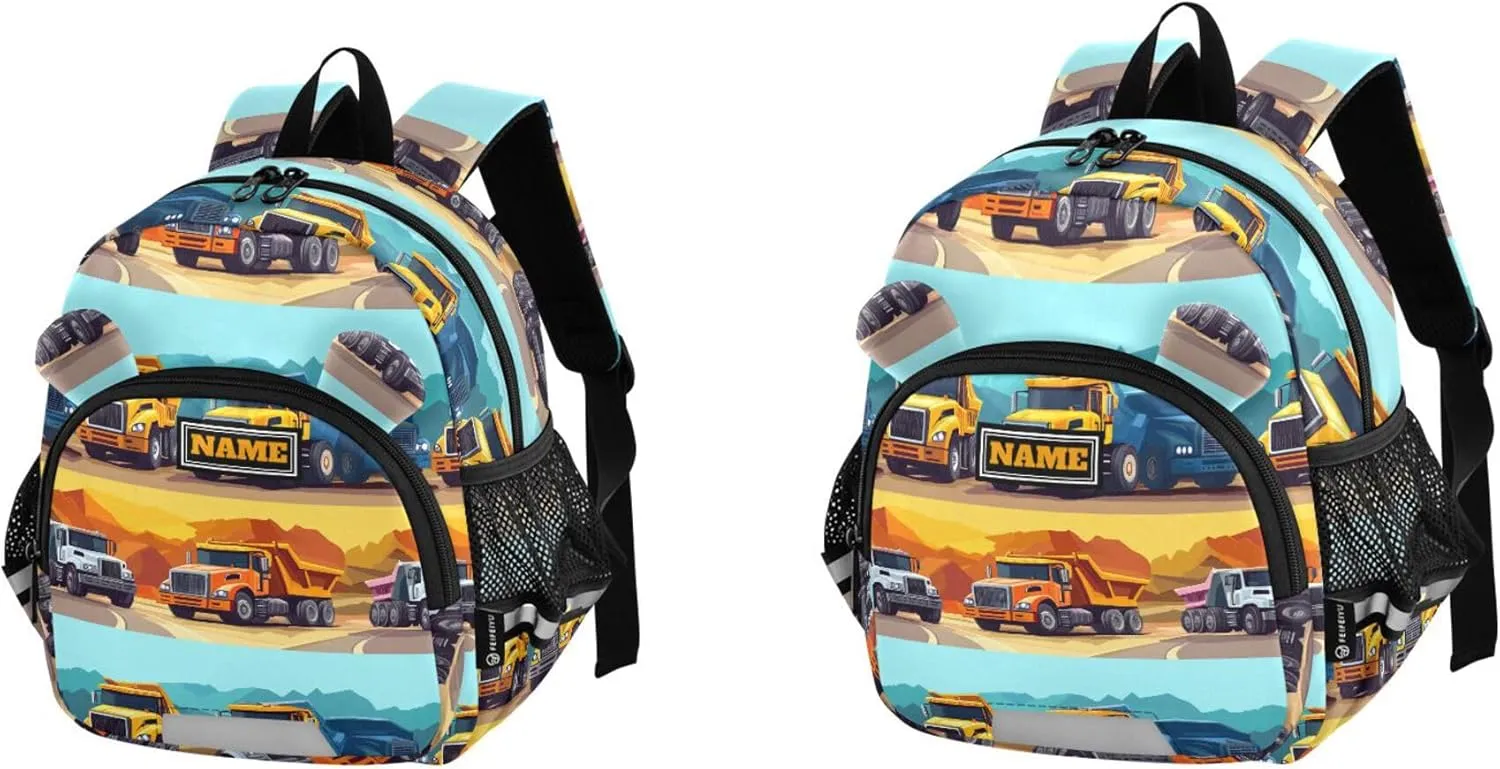 KLL Custom Cute Ears Cute Small Backpacks Leash Cool Girls Anti-Lost Personalized Book Bag For School with Reflective Strip M Construction Truck Cartoon Dump Truck Road