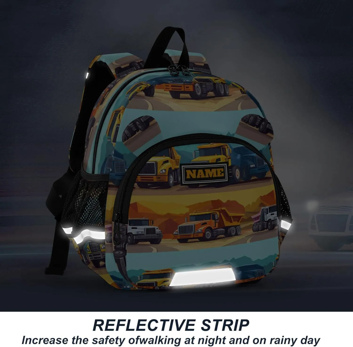 KLL Custom Cute Ears Cute Small Backpacks Leash Cool Girls Anti-Lost Personalized Book Bag For School with Reflective Strip M Construction Truck Cartoon Dump Truck Road