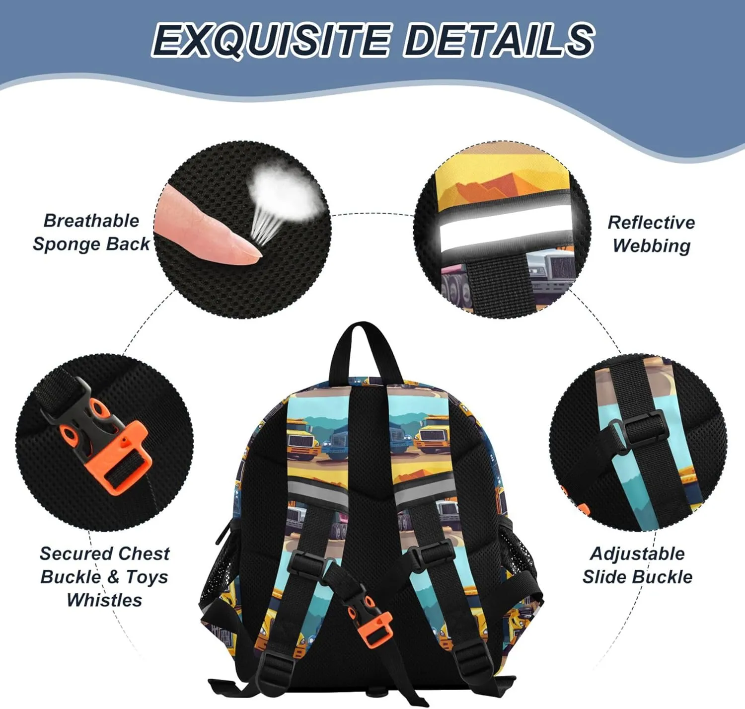 KLL Custom Cute Ears Cute Small Backpacks Leash Cool Girls Anti-Lost Personalized Book Bag For School with Reflective Strip M Construction Truck Cartoon Dump Truck Road