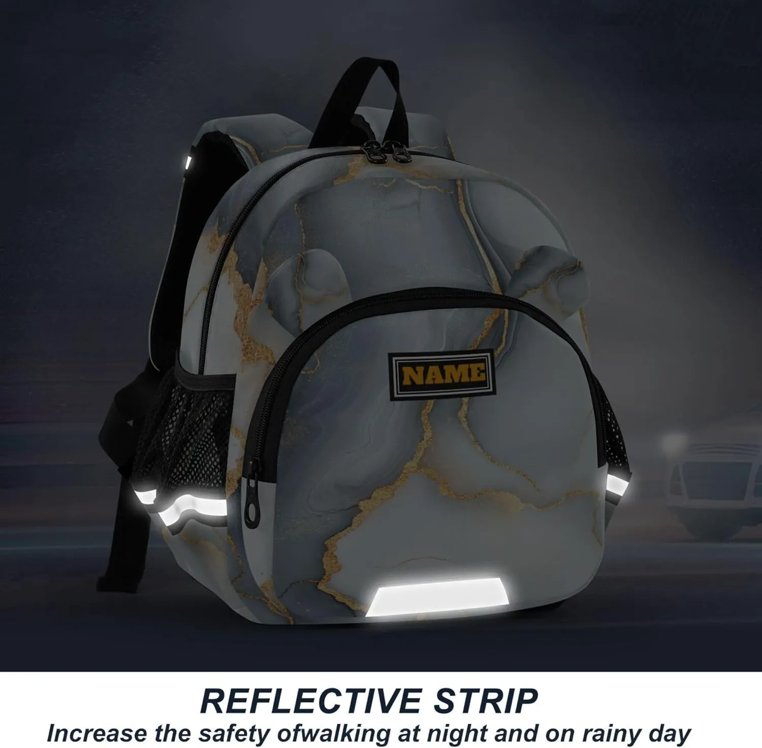 KLL Custom Cute Ears Toddler Backpack For Preschool Leash Boy's Girl's Anti-Lost Personalized Daycare Diaper Bag with Reflective Strip S Marble White Gray
