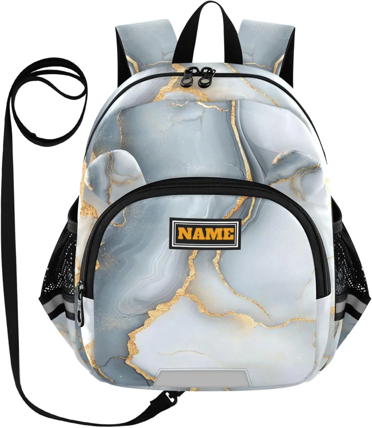 KLL Custom Cute Ears Toddler Backpack For Preschool Leash Boy's Girl's Anti-Lost Personalized Daycare Diaper Bag with Reflective Strip S Marble White Gray