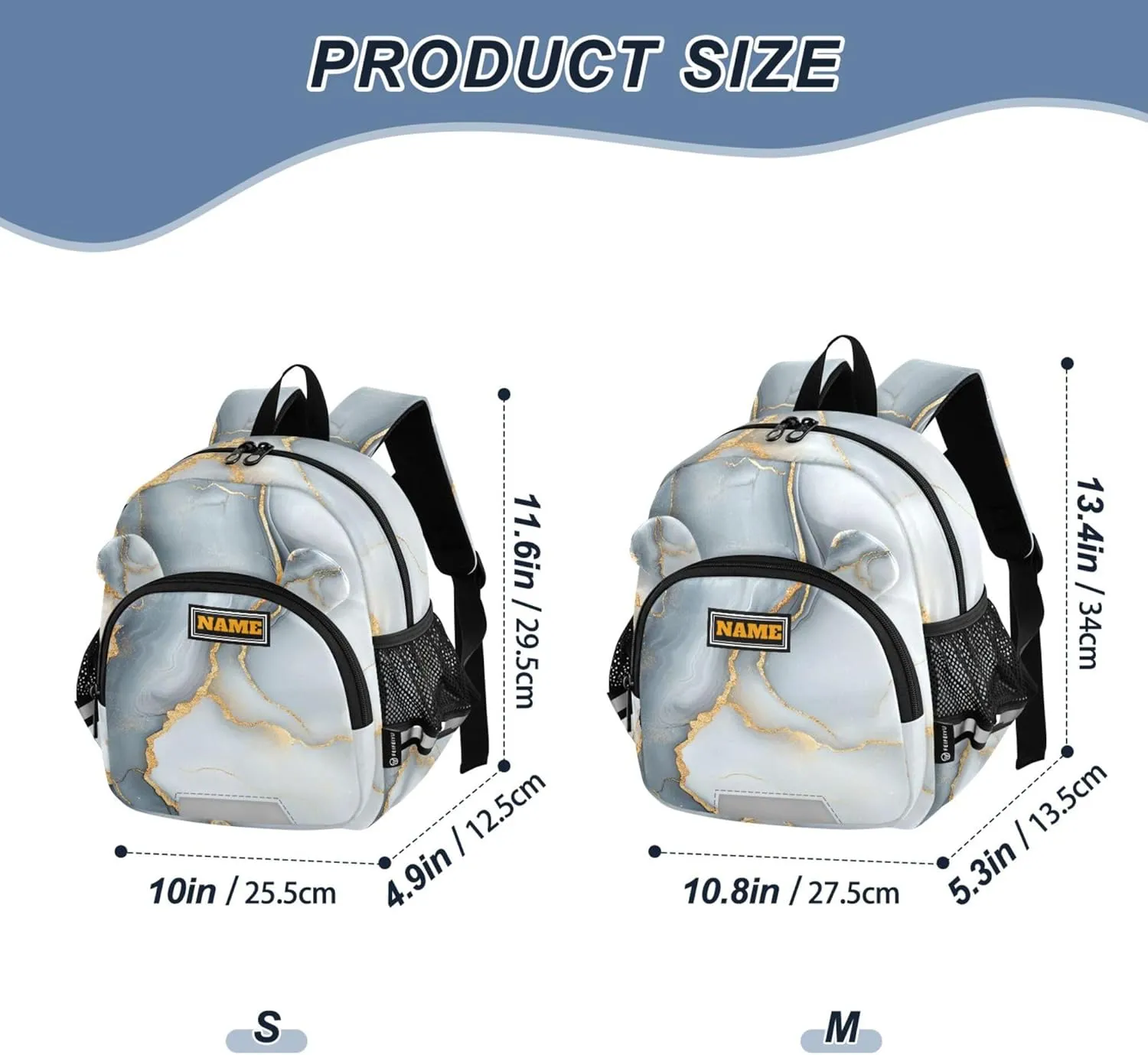 KLL Custom Cute Ears Toddler Backpack For Preschool Leash Boy's Girl's Anti-Lost Personalized Daycare Diaper Bag with Reflective Strip S Marble White Gray