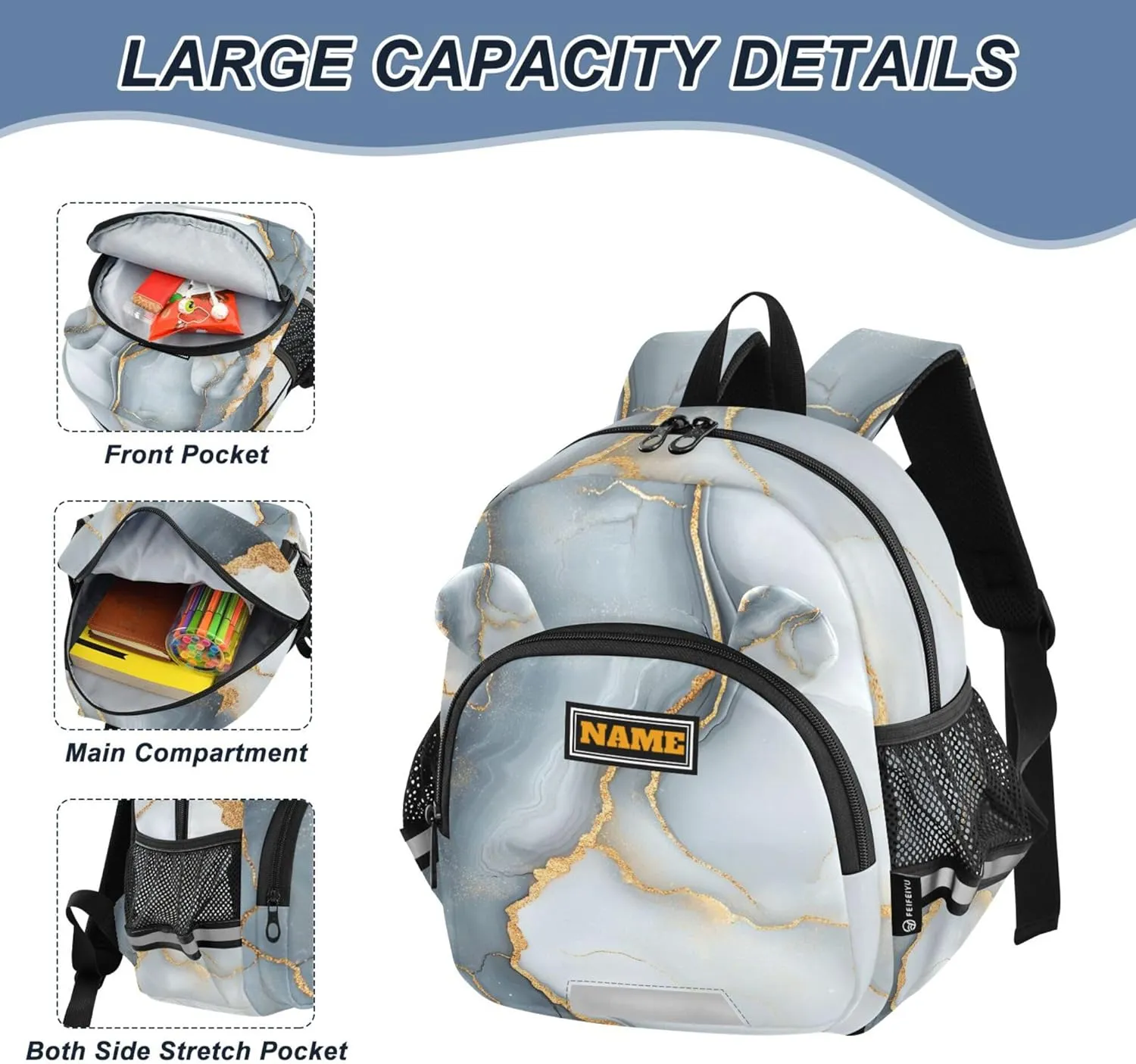 KLL Custom Cute Ears Toddler Backpack For Preschool Leash Boy's Girl's Anti-Lost Personalized Daycare Diaper Bag with Reflective Strip S Marble White Gray