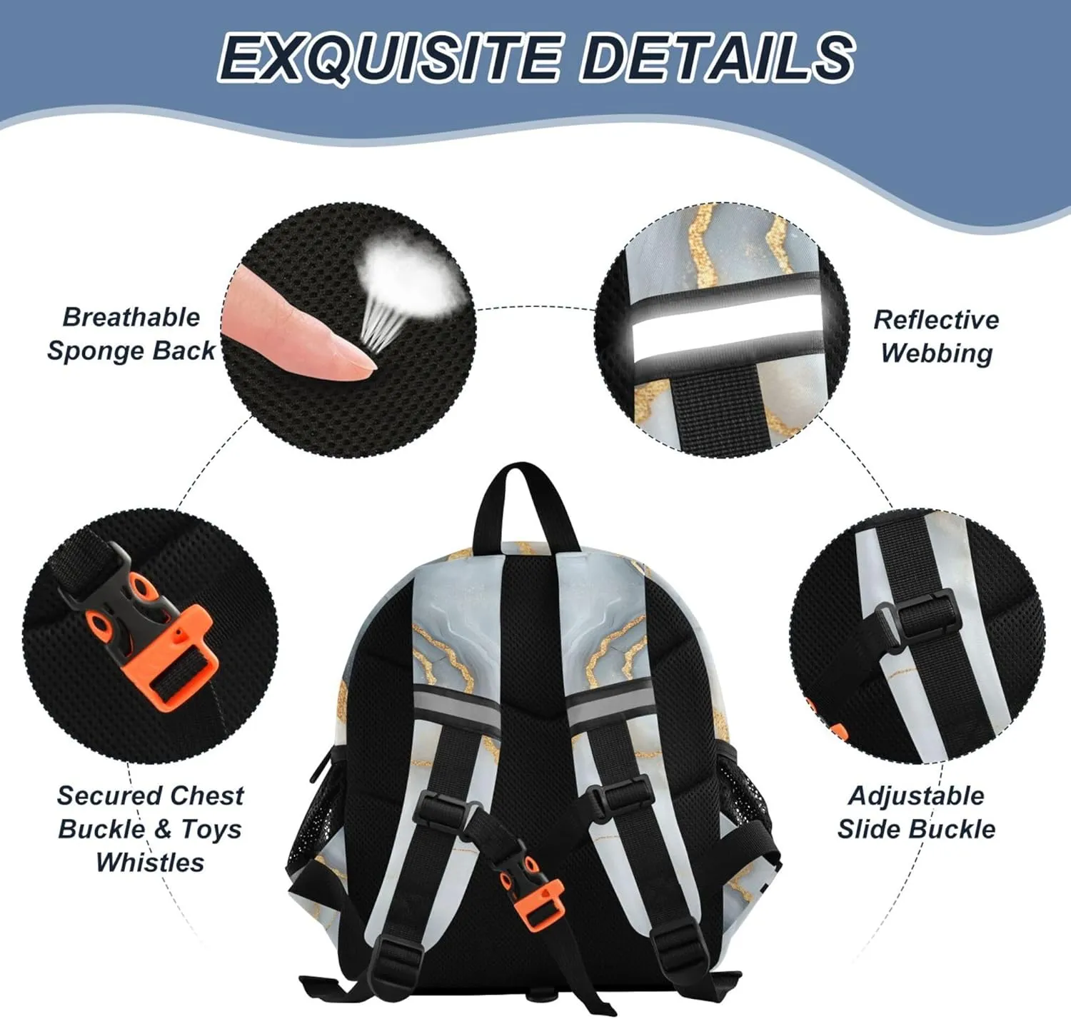 KLL Custom Cute Ears Toddler Backpack For Preschool Leash Boy's Girl's Anti-Lost Personalized Daycare Diaper Bag with Reflective Strip S Marble White Gray