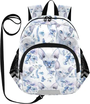 KLL Cute Ears Toddler School Backpack Leash Boys Girls Anti-Lost Personalized Diaper Bag Backpack with Reflective Strip M Sweet Sphynx Cats White