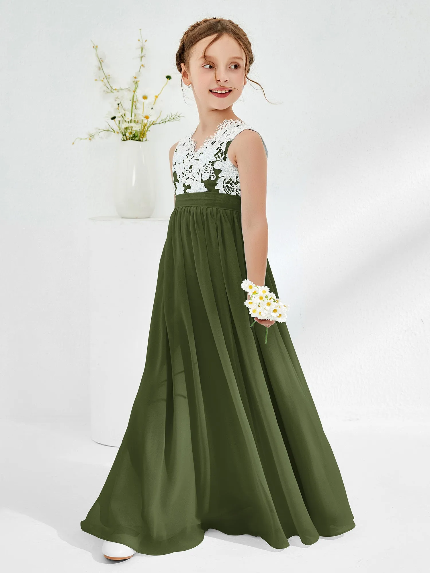 Lace Top Junior Bridesmaid Dresses Olive Green